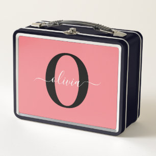 Personalised Monogram Script Name Black White Pink Metal Lunch Box