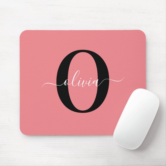 Personalised Monogram Script Name Black White Pink Mouse Pad (With Mouse)