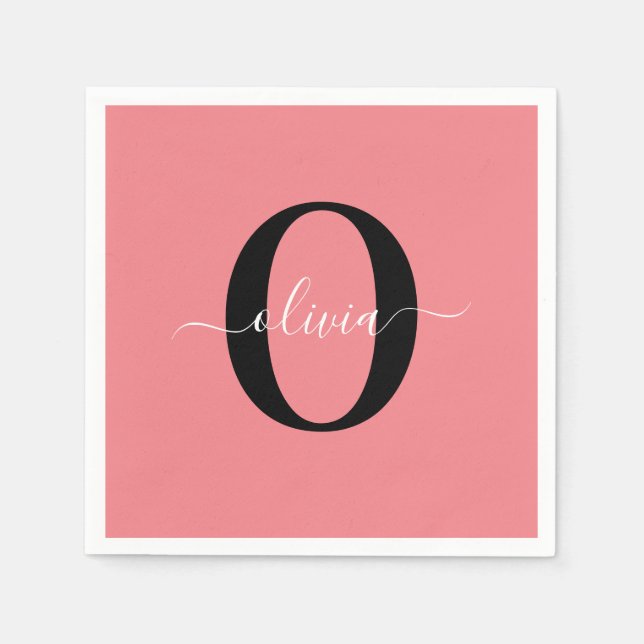Personalised Monogram Script Name Black White Pink Napkin (Front)