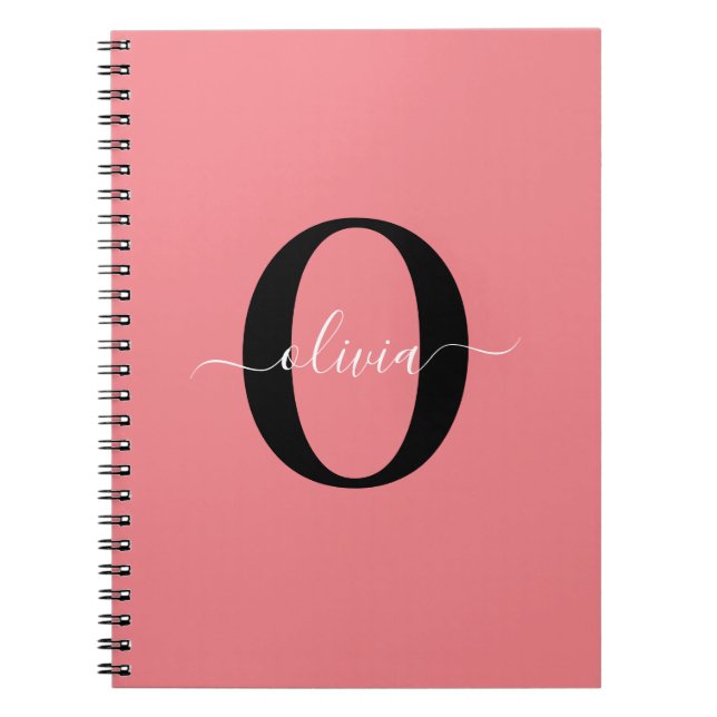 Personalised Monogram Script Name Black White Pink Notebook (Front)