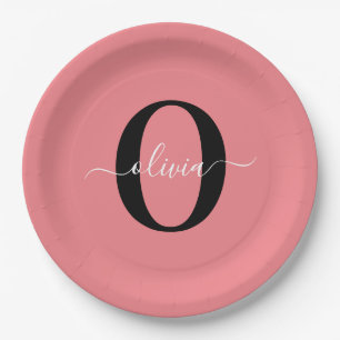 Personalised Monogram Script Name Black White Pink Paper Plate