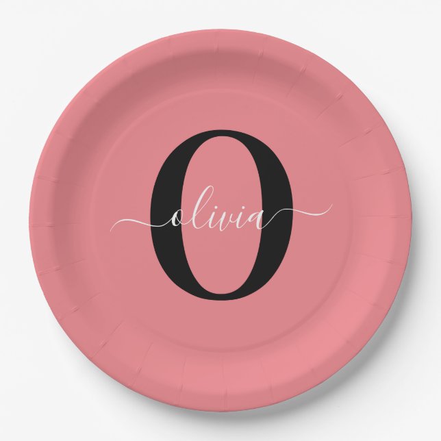 Personalised Monogram Script Name Black White Pink Paper Plate (Front)