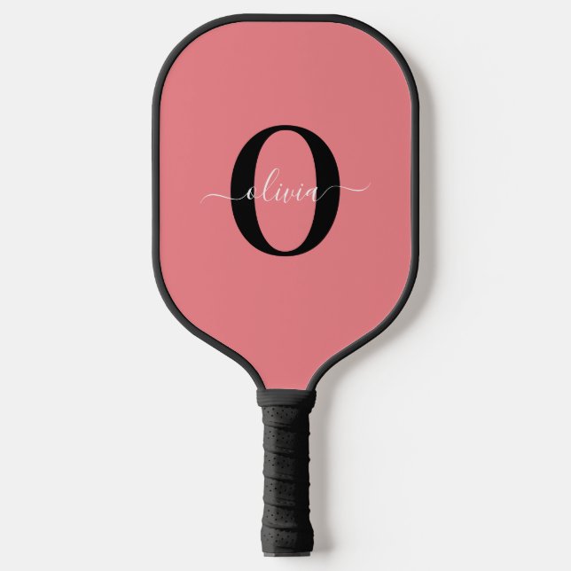 Personalised Monogram Script Name Black White Pink Pickleball Paddle (Front)