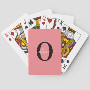 Personalised Monogram Script Name Black White Pink Playing Cards