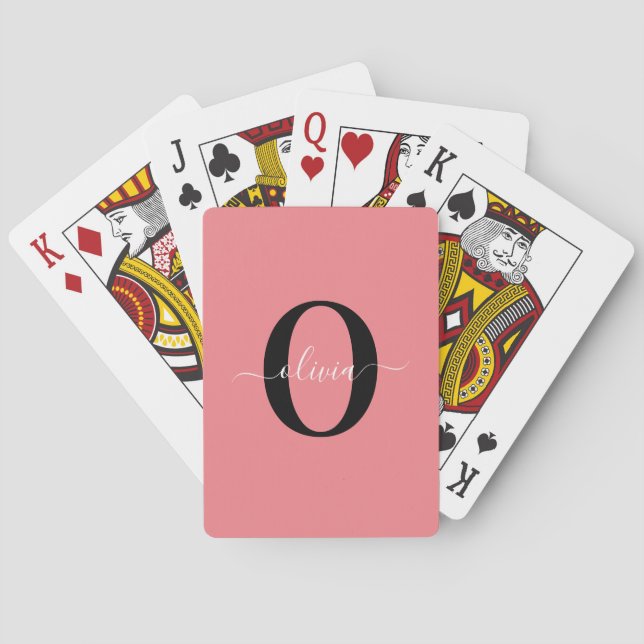 Personalised Monogram Script Name Black White Pink Playing Cards (Back)