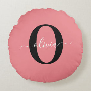 Personalised Monogram Script Name Black White Pink Round Cushion