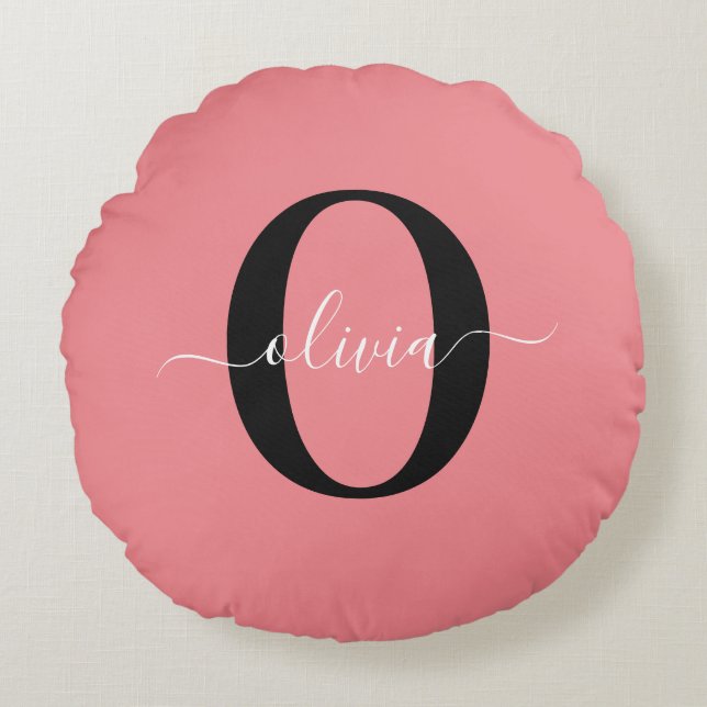 Personalised Monogram Script Name Black White Pink Round Cushion (Front)
