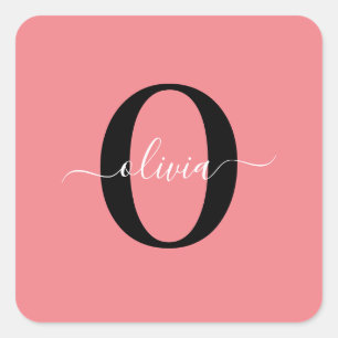 Personalised Monogram Script Name Black White Pink Square Sticker