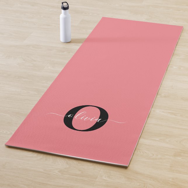 Personalised Monogram Script Name Black White Pink Yoga Mat (In Situ)