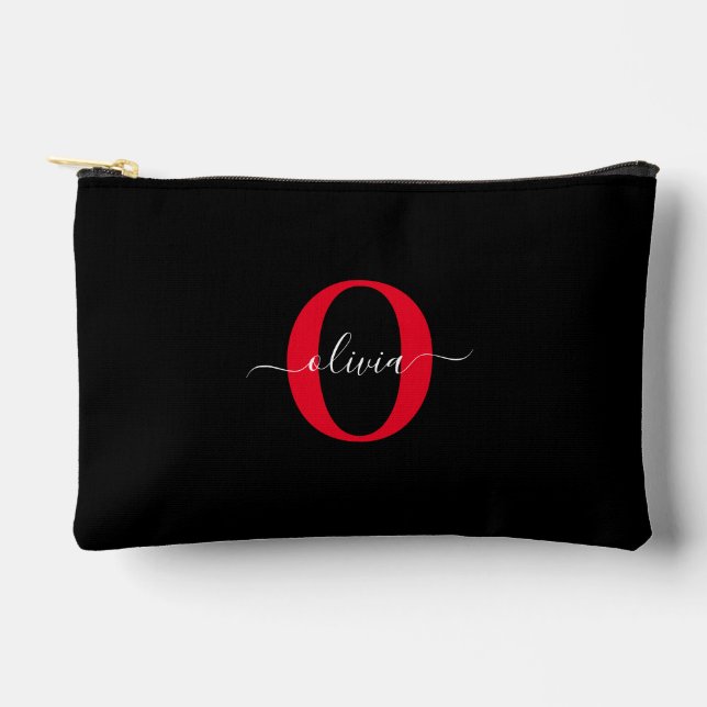 Personalised Monogram Script Name Black White Red Accessory Pouch (Front)