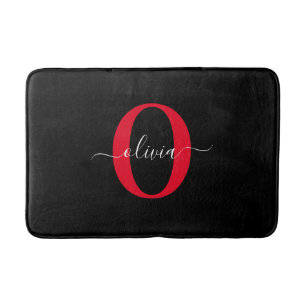 Personalised Monogram Script Name Black White Red Bath Mat