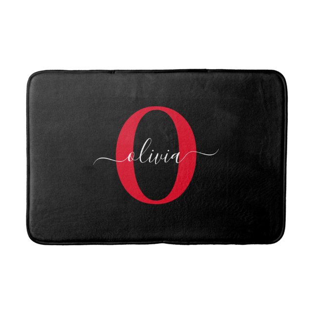 Personalised Monogram Script Name Black White Red Bath Mat (Front)