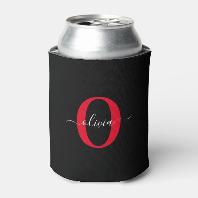 Personalised Monogram Script Name Black White Red Can Cooler (Can Front)