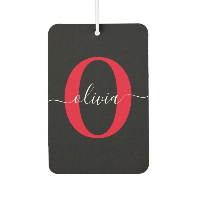 Personalised Monogram Script Name Black White Red Car Air Freshener (Front)