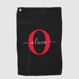 Personalised Monogram Script Name Black White Red Golf Towel