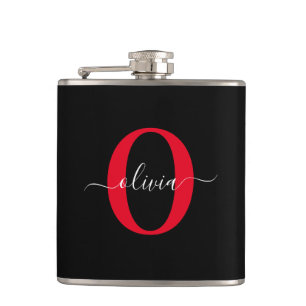 Personalised Monogram Script Name Black White Red Hip Flask