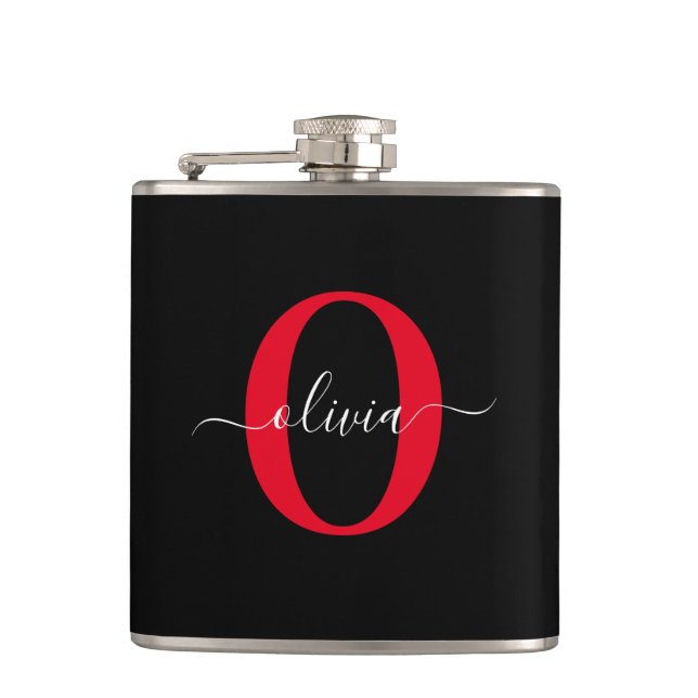 Personalised Monogram Script Name Black White Red Hip Flask (Front)