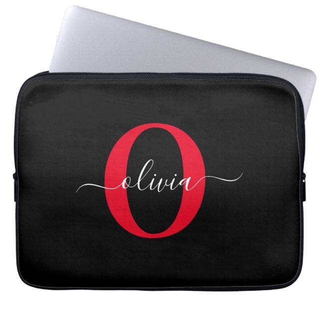 Personalised Monogram Script Name Black White Red Laptop Sleeve (Front)