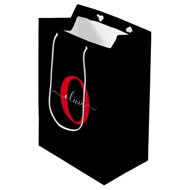 Personalised Monogram Script Name Black White Red Medium Gift Bag (Front Angled)