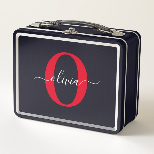 Personalised Monogram Script Name Black White Red Metal Lunch Box (Front)