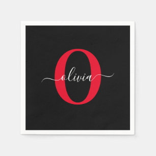 Personalised Monogram Script Name Black White Red Napkin