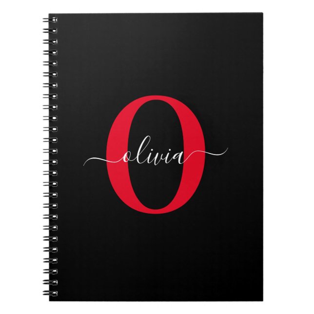 Personalised Monogram Script Name Black White Red Notebook (Front)