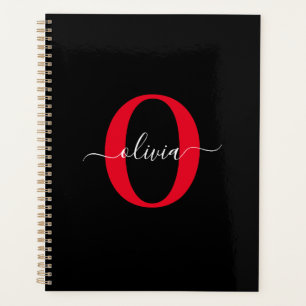 Personalised Monogram Script Name Black White Red Planner