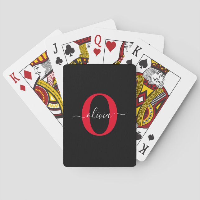 Personalised Monogram Script Name Black White Red Playing Cards (Back)