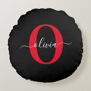 Personalised Monogram Script Name Black White Red Round Cushion