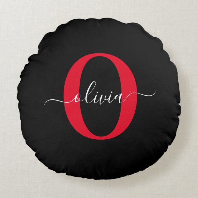Personalised Monogram Script Name Black White Red Round Cushion (Front)