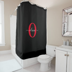 Personalised Monogram Script Name Black White Red Shower Curtain