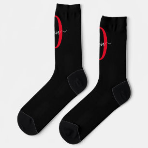 Personalised Monogram Script Name Black White Red Socks
