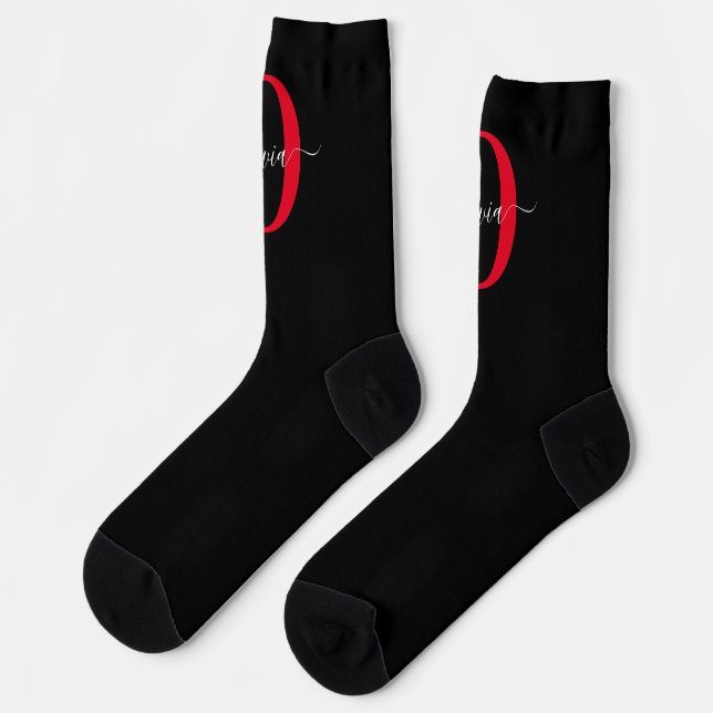Personalised Monogram Script Name Black White Red Socks (Left)