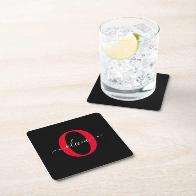 Personalised Monogram Script Name Black White Red Square Paper Coaster (Insitu)