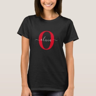 Personalised Monogram Script Name Black White Red T-Shirt