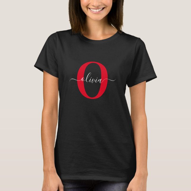 Personalised Monogram Script Name Black White Red T-Shirt (Front)