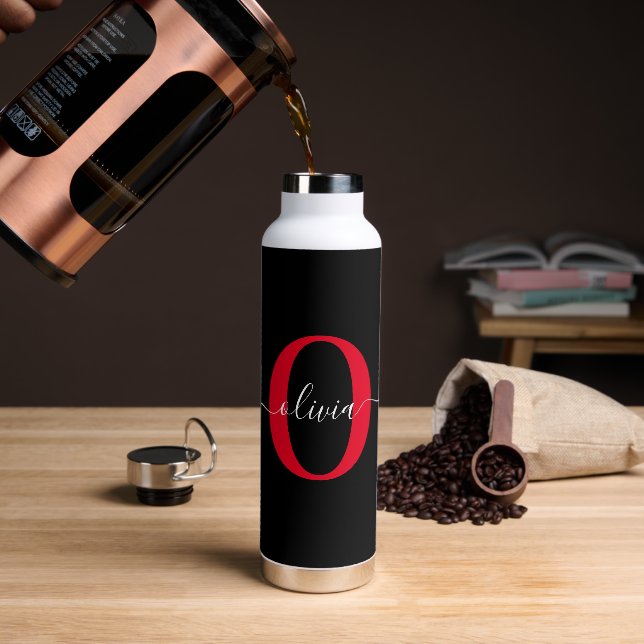 Personalised Monogram Script Name Black White Red Water Bottle (Coffee)