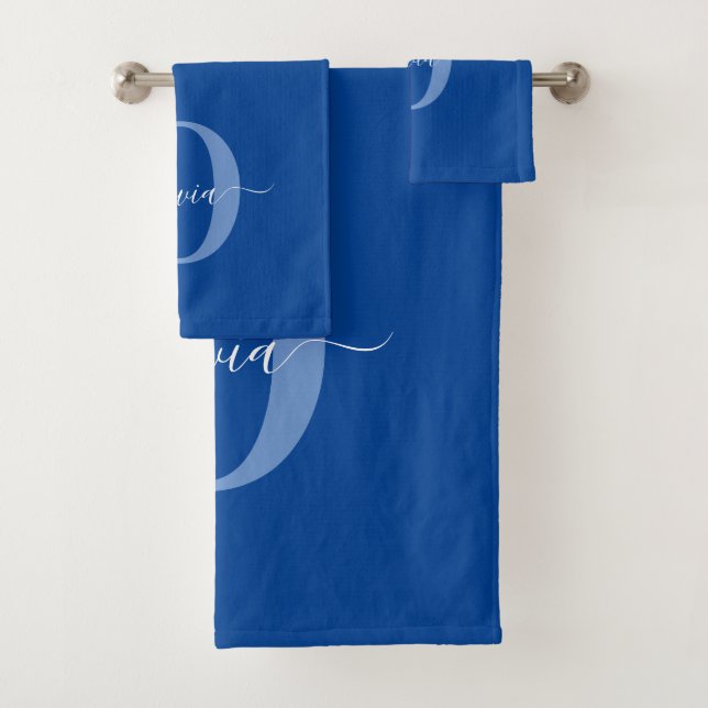 Personalised Monogram Script Name Blue White Bath Towel Set (Insitu)