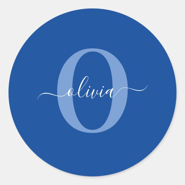 Personalised Monogram Script Name Blue White Classic Round Sticker (Front)