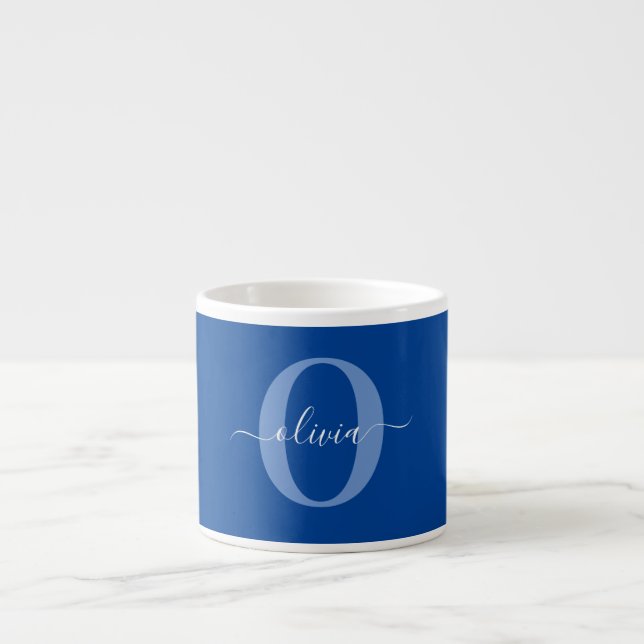 Personalised Monogram Script Name Blue White Espresso Cup (Front)
