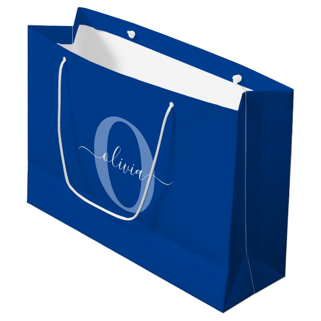 Personalised Monogram Script Name Blue White Large Gift Bag (Front Angled)