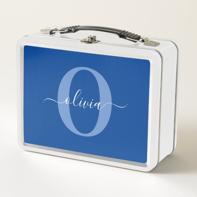 Personalised Monogram Script Name Blue White Metal Lunch Box (Front)
