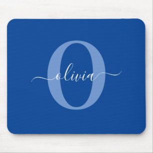 Personalised Monogram Script Name Blue White Mouse Pad