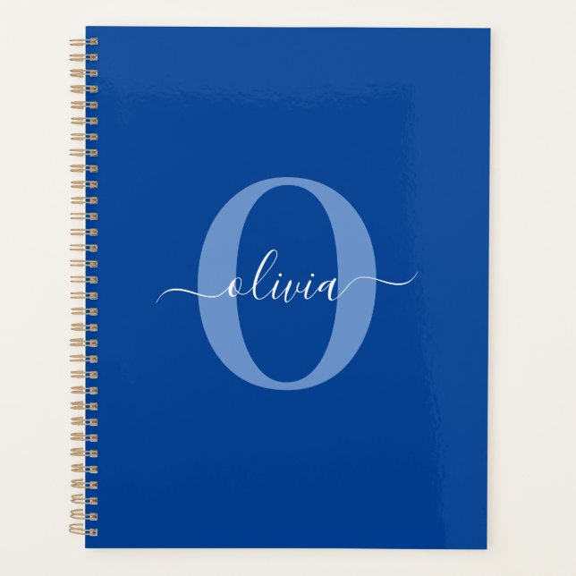 Personalised Monogram Script Name Blue White Planner (Front)
