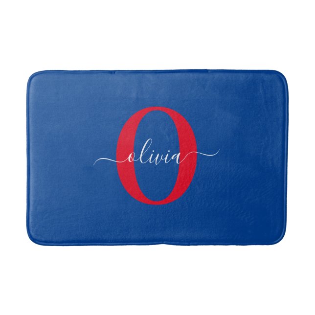 Personalised Monogram Script Name Blue White Red Bath Mat (Front)