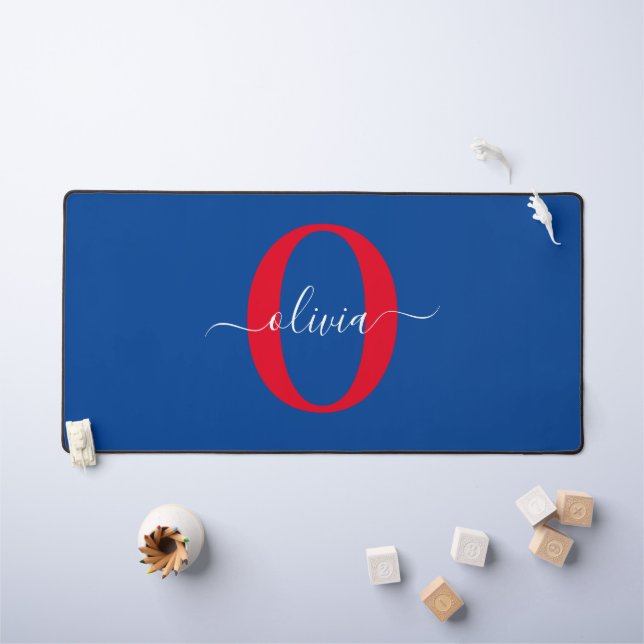 Personalised Monogram Script Name Blue White Red Desk Mat (Kids Table)