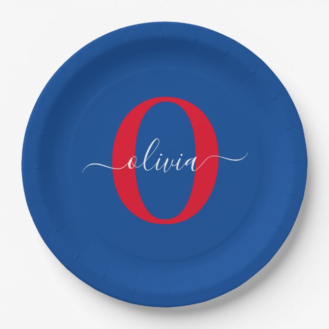 Personalised Monogram Script Name Blue White Red Paper Plate (Front)