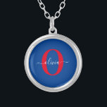 Personalised Monogram Script Name Blue White Red Silver Plated Necklace<br><div class="desc">This elegant monogram and stylish script name design can be given as a gift for a birthday, wedding, bridal shower, anniversary, Mother's Day or any occasion. It can be personalised with the person's initial and name. You can change the font, font colour, font size and background colour using the Design...</div>