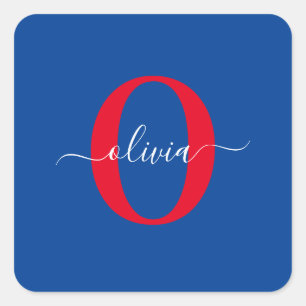 Personalised Monogram Script Name Blue White Red Square Sticker