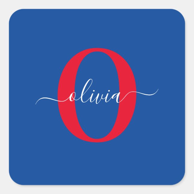 Personalised Monogram Script Name Blue White Red Square Sticker (Front)